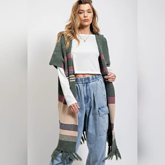 Easel Knit Sweater Kimono, open front, multicolor stripe with fringe, hood - Picture 4 of 5